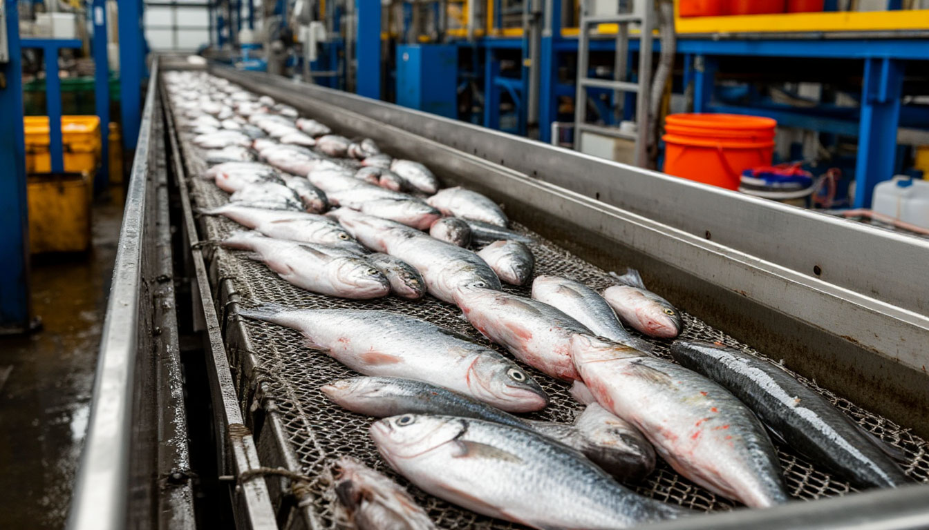 Санитарная обработка рыбного цеха Конвейер на производстве рыбной продукции